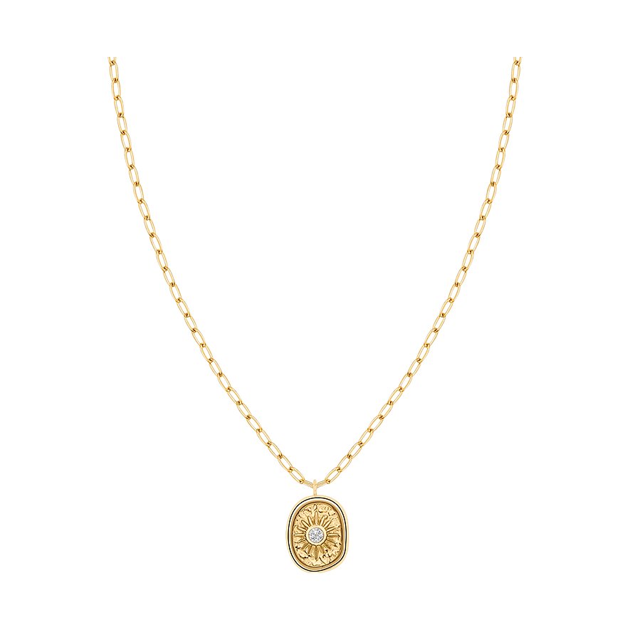 Goldfarbene Tamaris Halskette aus Edelstahl. Ovaler Anhänger mit graviertem Blütenmuster und glitzerndem Zirkonia-Farbstein.