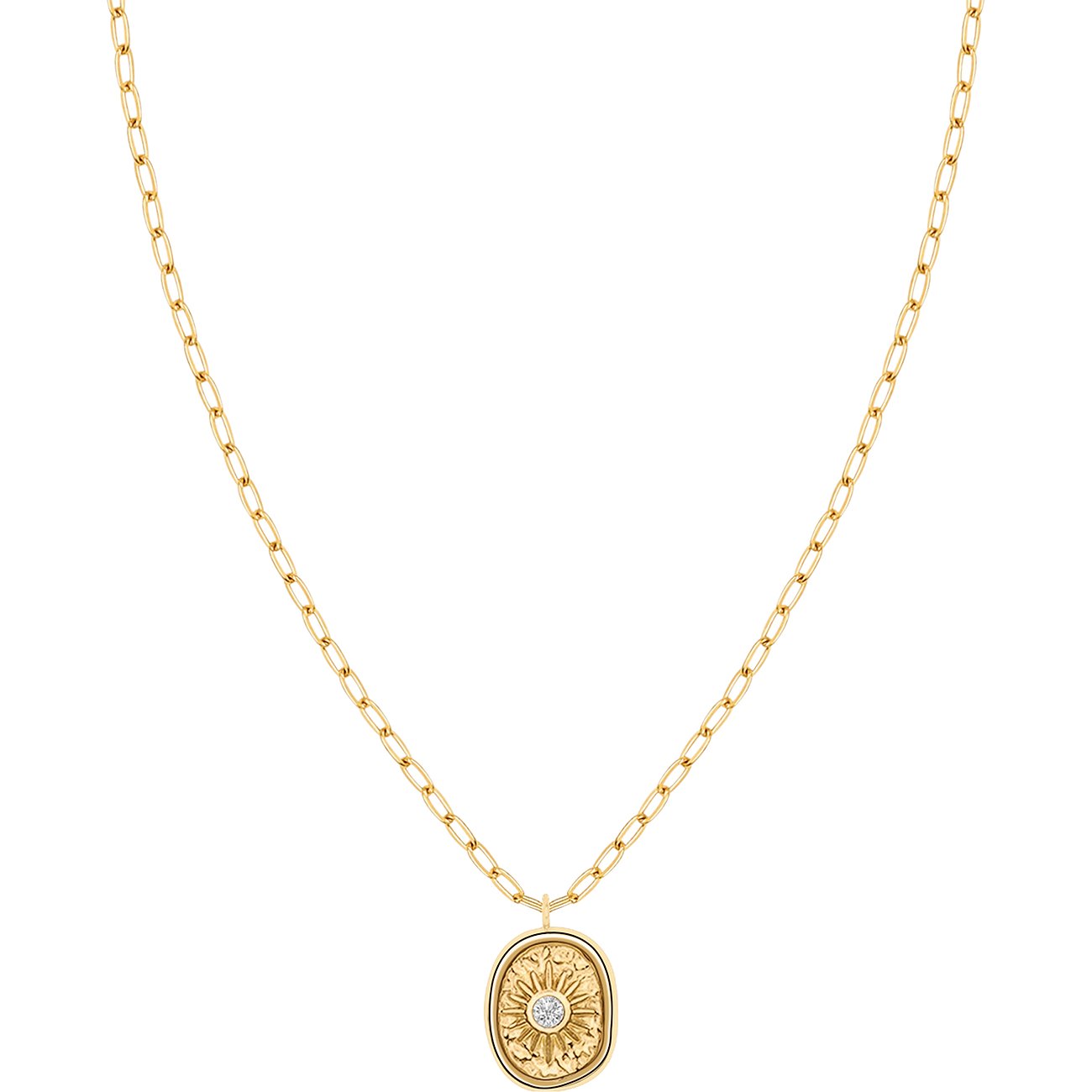 Goldfarbene Tamaris Halskette aus Edelstahl. Ovaler Anhänger mit graviertem Blütenmuster und glitzerndem Zirkonia-Farbstein.