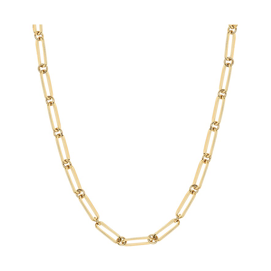 Die Tamaris Kette aus goldfarbenem Edelstahl hat längliche Glieder mit einem runden Abschluss und ist schlicht designt.