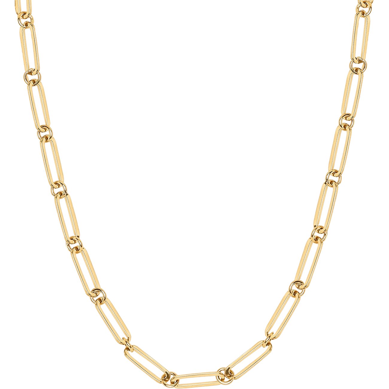 Die Tamaris Kette aus goldfarbenem Edelstahl hat längliche Glieder mit einem runden Abschluss und ist schlicht designt.