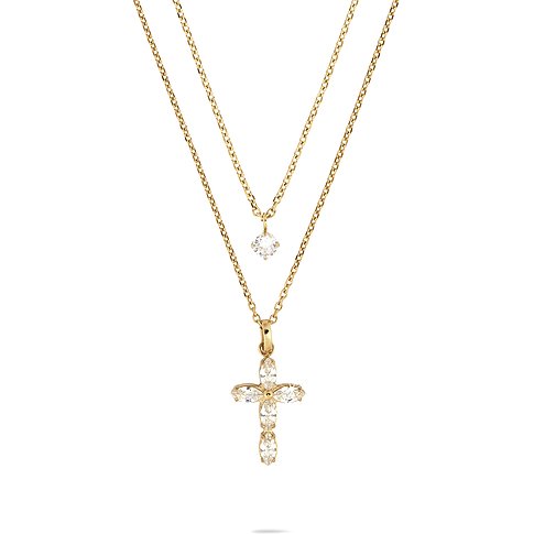 Tamaris kettingenset van goudkleurig roestvrij staal met twee kettingen. Eén ketting heeft een zirconia in een kruishanger.