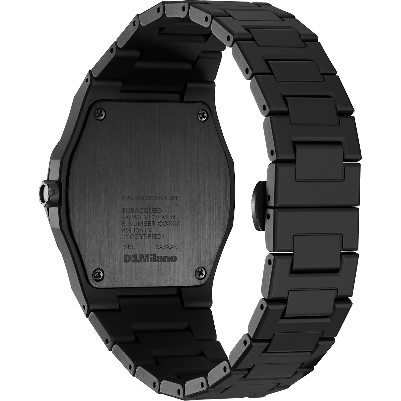 Bagside af et D1 Milano herreur i polykarbonat med indgraverede produktdetaljer og modelnavn.
