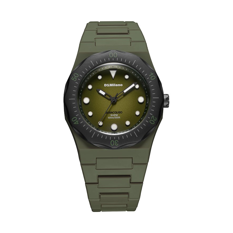 Une montre homme D1 Milano en polycarbonate vert olive, vue de dessus, affichant son cadran.