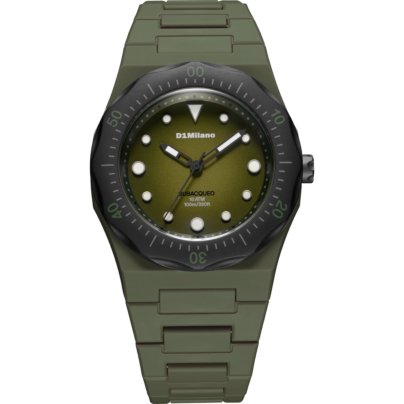 Une montre homme D1 Milano en polycarbonate vert olive, vue de dessus, affichant son cadran.