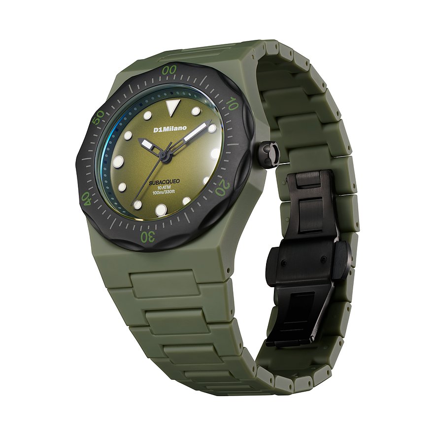 Une montre homme D1 Milano en polycarbonate avec boîtier et bracelet vert foncé, et un cadran vert olive.