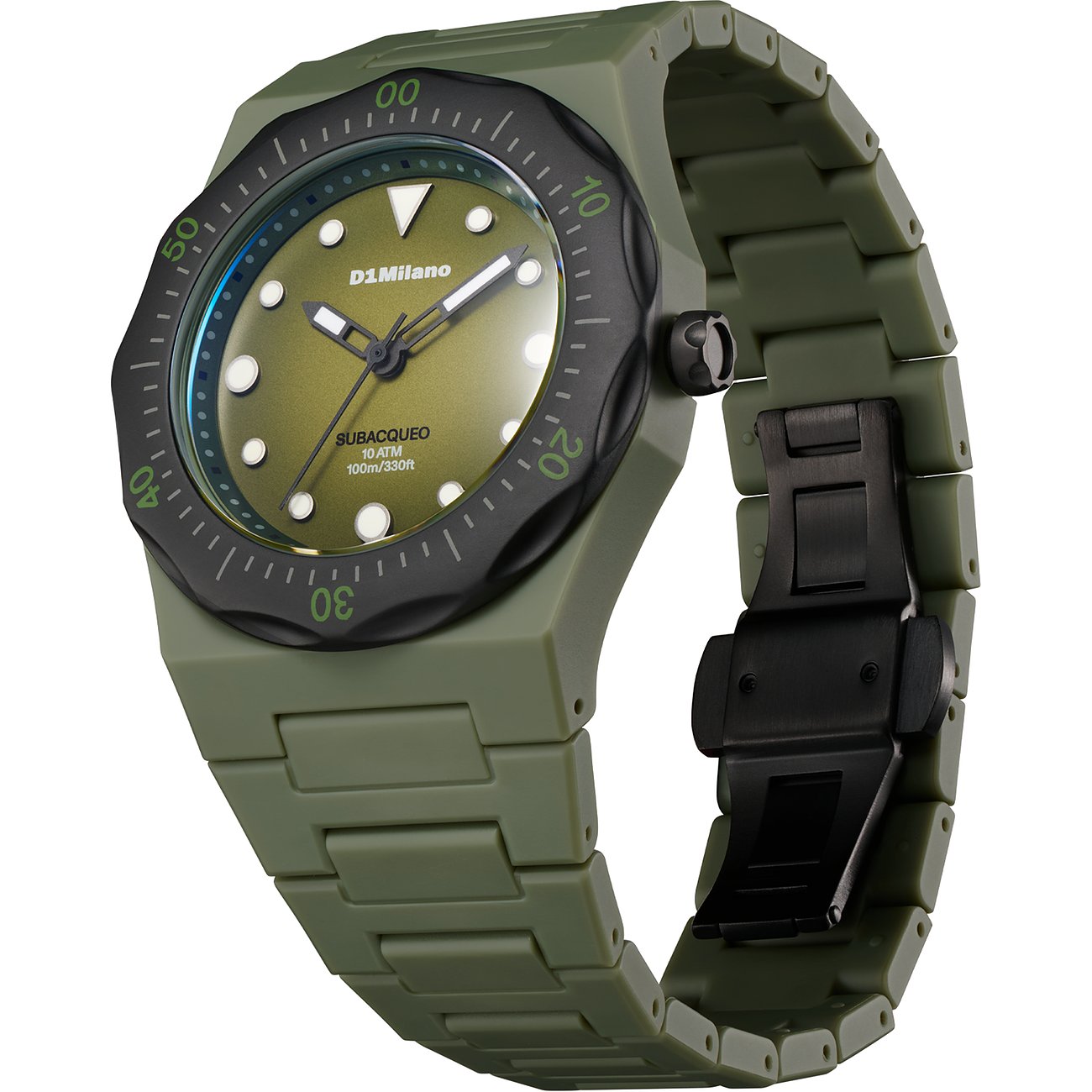 Une montre homme D1 Milano en polycarbonate avec boîtier et bracelet vert foncé, et un cadran vert olive.