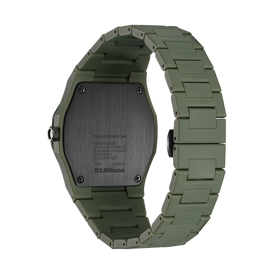 Vue arrière de la montre D1 Milano pour hommes en polycarbonate vert olive, avec détails embossés du design italien.