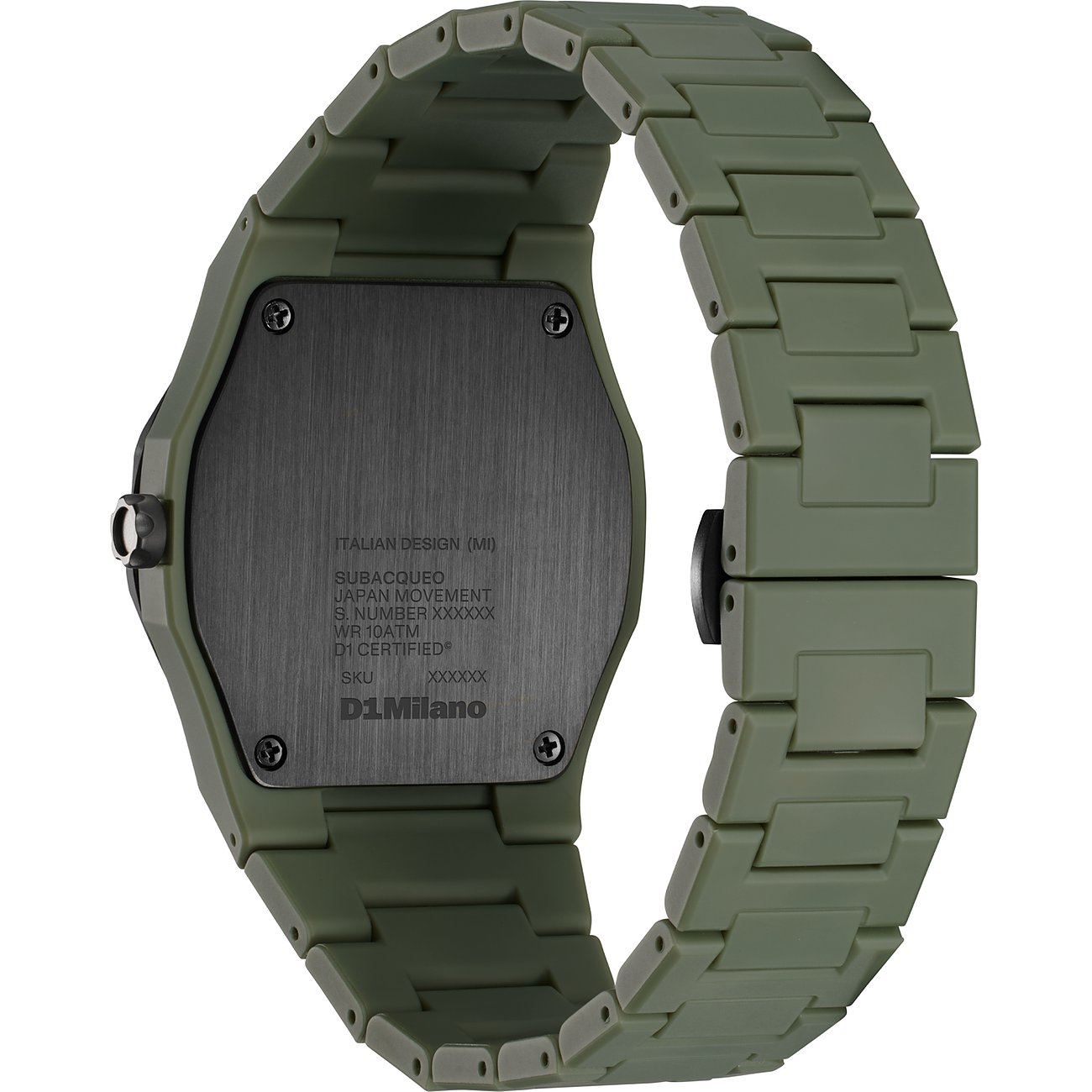 Vue arrière de la montre D1 Milano pour hommes en polycarbonate vert olive, avec détails embossés du design italien.