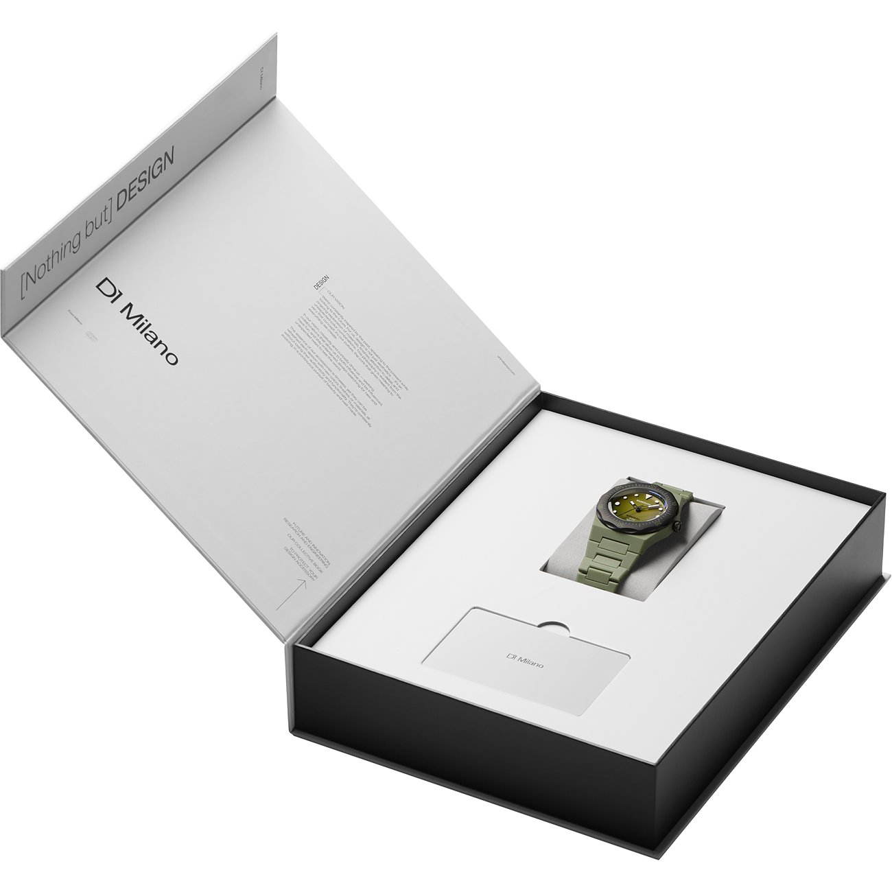 L'emballage noir ouvert de la montre D1 Milano pour homme en polycarbonate, avec une montre verte à l'intérieur.