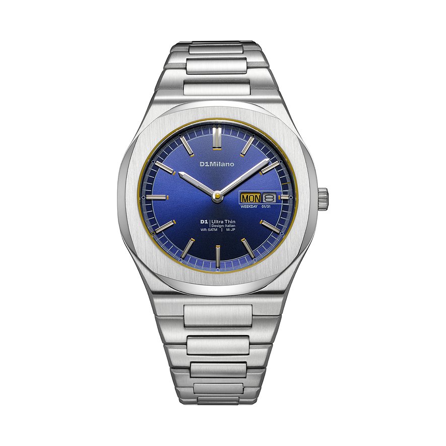 Montre homme D1 Milano en acier inoxydable argenté, boîtier carré et cadran bleu
