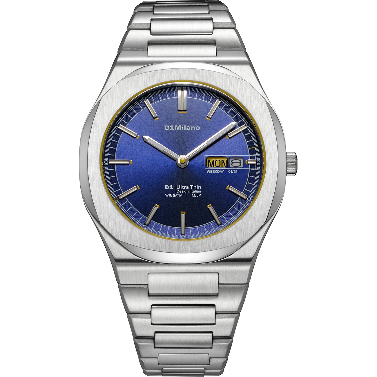 Montre homme D1 Milano en acier inoxydable argenté, boîtier carré et cadran bleu