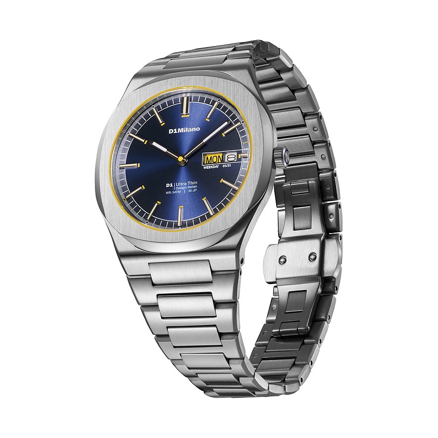 Montre homme D1 Milano en acier inoxydable argenté, cadran bleu foncé et accents dorés.