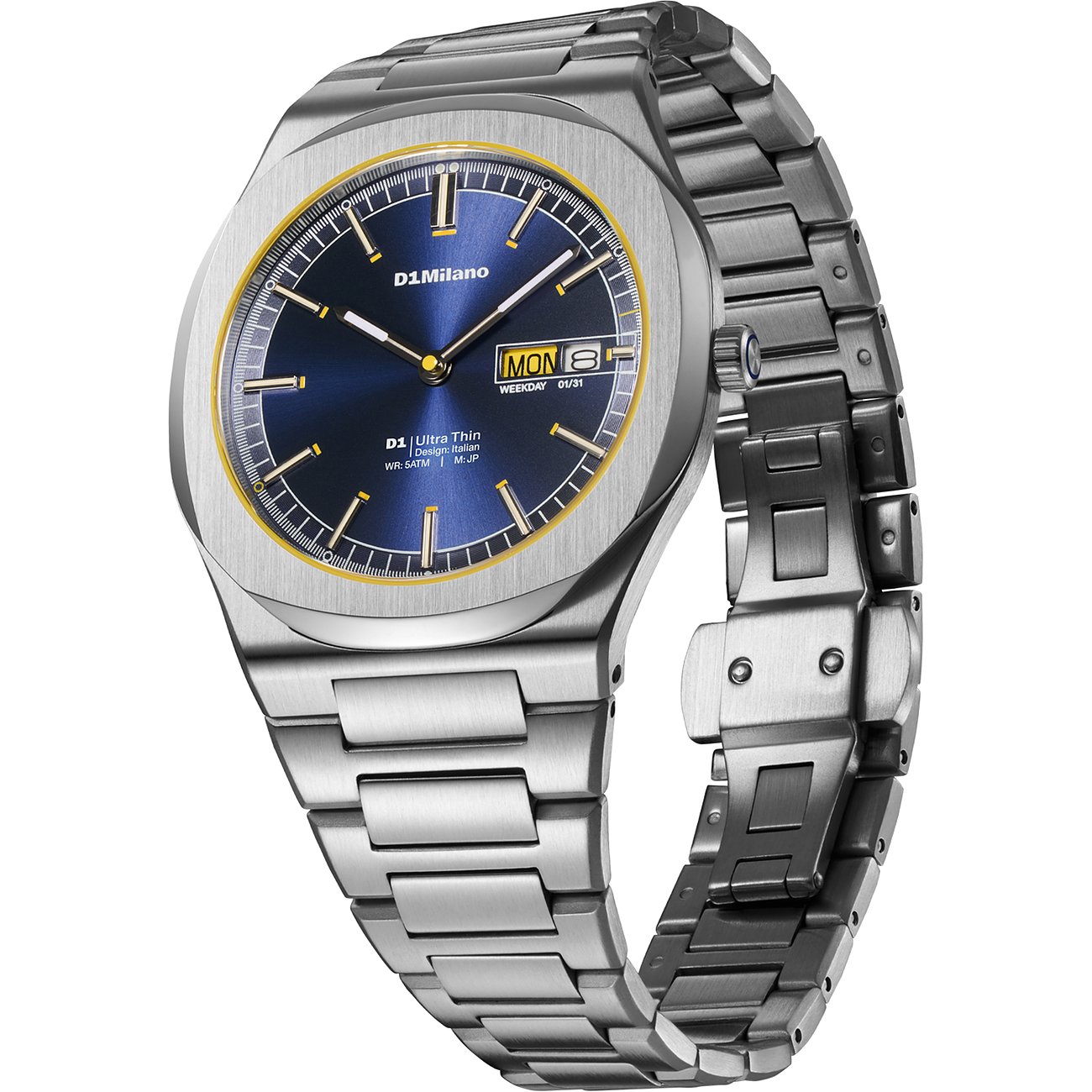 Montre homme D1 Milano en acier inoxydable argenté, cadran bleu foncé et accents dorés.