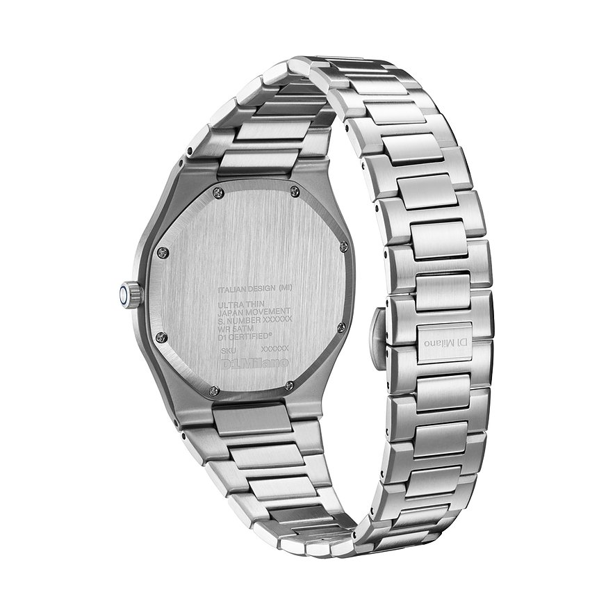 Dos d'une montre homme D1 Milano en acier inoxydable argenté, montrant les détails du mouvement japonais.