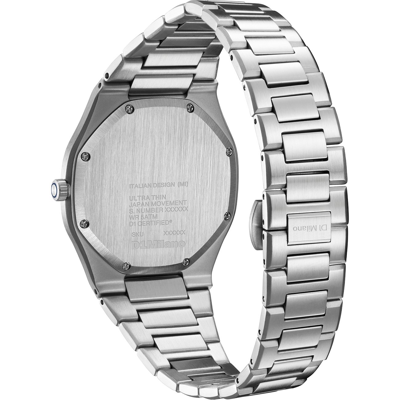 Dos d'une montre homme D1 Milano en acier inoxydable argenté, montrant les détails du mouvement japonais.