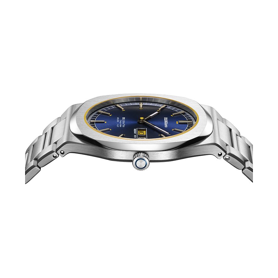 Montre homme D1 Milano en acier inoxydable, cadran bleu et bordure dorée, photographiée de côté.