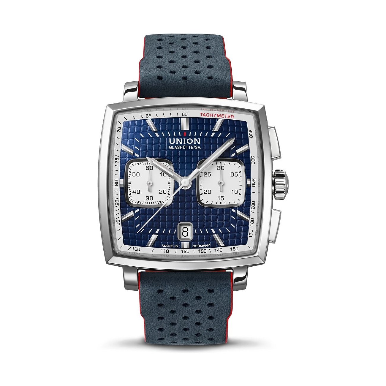 Die Union Glashütte Uhr zeigt ein quadratisches Edelstahlgehäuse mit einem blauen Zifferblatt und Chronographen.