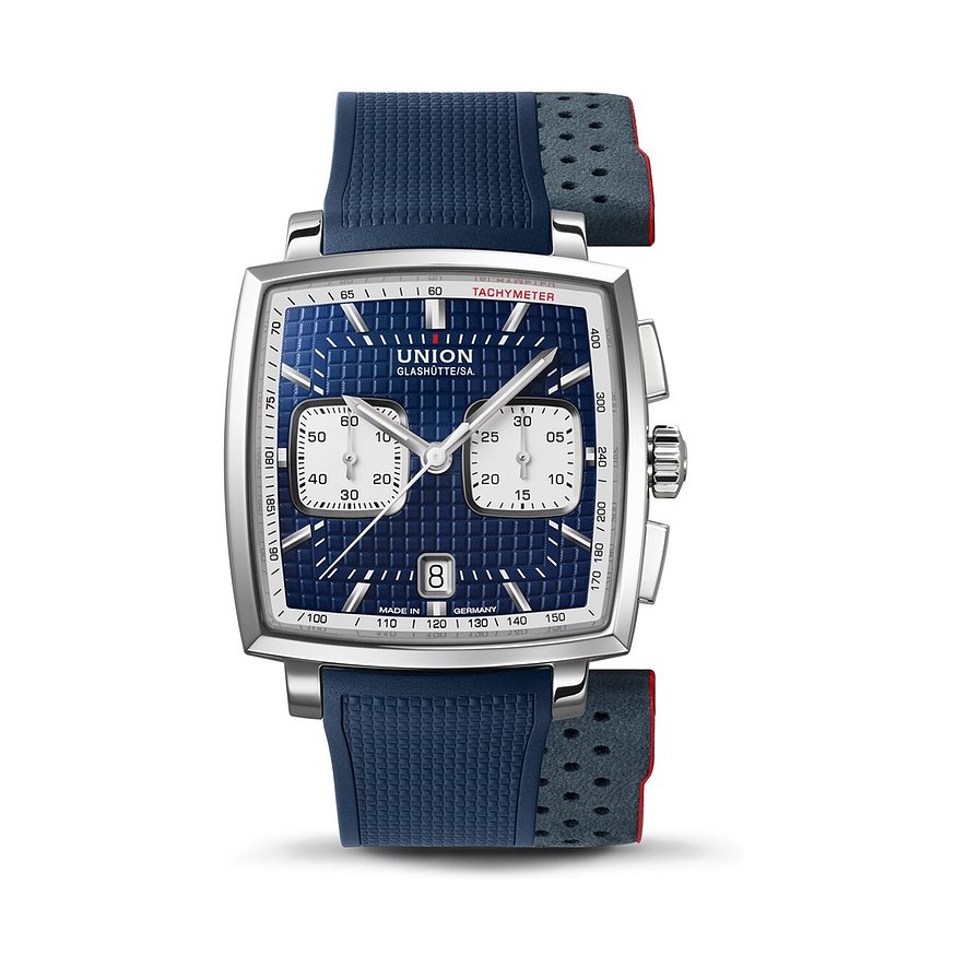 Union Glashütte Uhr aus Edelstahl mit blauem Zifferblatt und blauen, strukturierten Armbändern.
