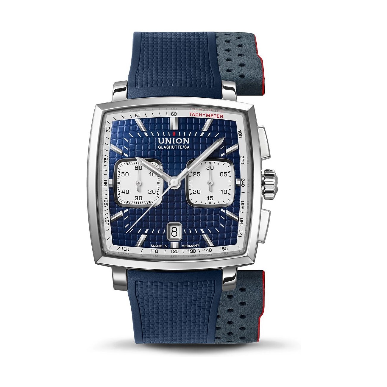 Union Glashütte Uhr aus Edelstahl mit blauem Zifferblatt und blauen, strukturierten Armbändern.