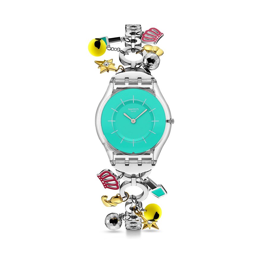Swatch Damenuhr aus Kunststoff mit transparentem Armband und charmantem Charms-Design, türkisfarbenes Zifferblatt.