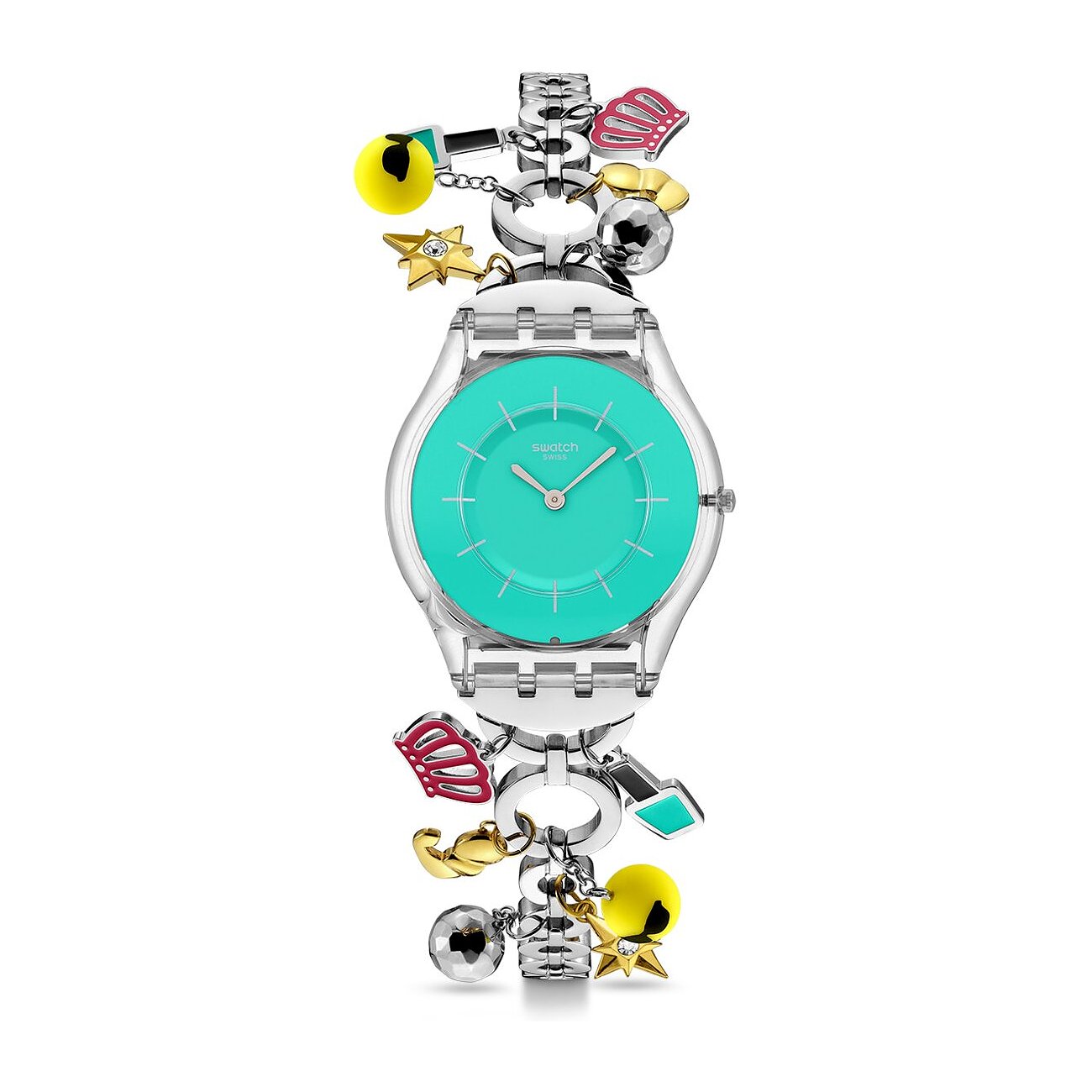Swatch Damenuhr aus Kunststoff mit transparentem Armband und charmantem Charms-Design, türkisfarbenes Zifferblatt.