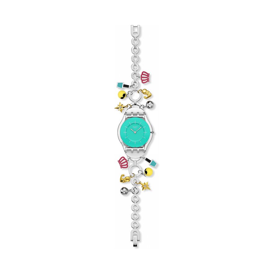 Swatch Damenuhr aus Kunststoff mit silbernem Band und Gehäuse. Mintfarbenes Zifferblatt, umgeben von bunten Charms.
