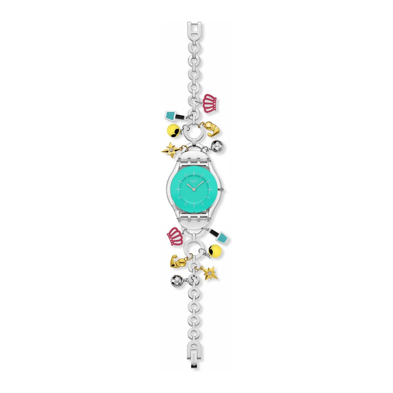 Swatch Damenuhr aus Kunststoff mit silbernem Band und Gehäuse. Mintfarbenes Zifferblatt, umgeben von bunten Charms.