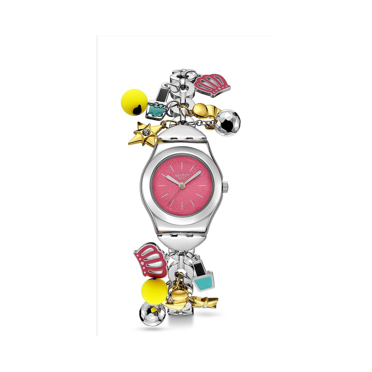 Montre Swatch femme en acier inoxydable, cadran rose, breloques colorées : étoiles, ballons de foot et couronnes.