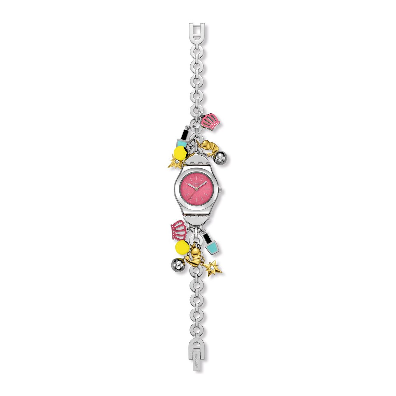 Montre femme Swatch en acier inoxydable avec cadran rose et breloques colorées sur le bracelet.