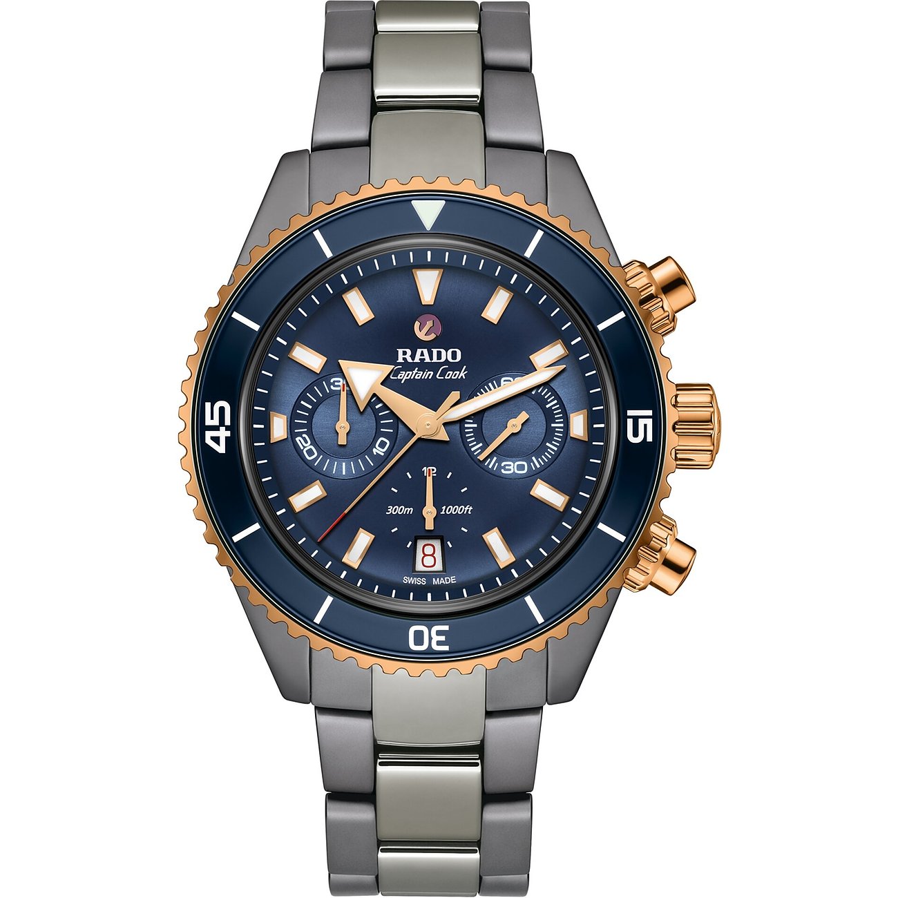 Rado Captain Cook Herrenuhr aus Keramik mit blauem Zifferblatt und roségoldenen Akzenten.