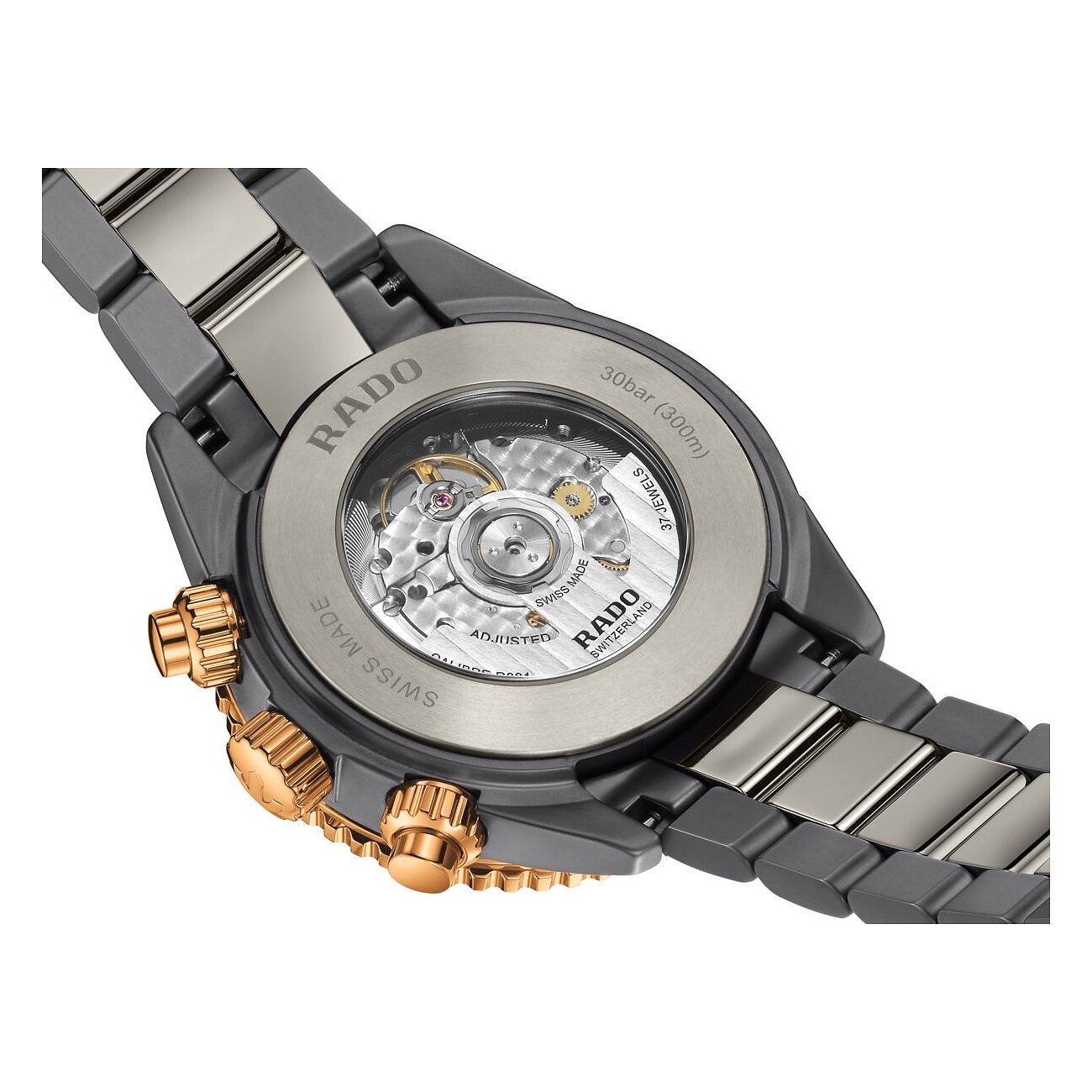 Rado Herrenuhr aus Keramik: Rückseite mit sichtbarem Uhrwerk und seitlichen goldfarbenen Drückern und Krone.