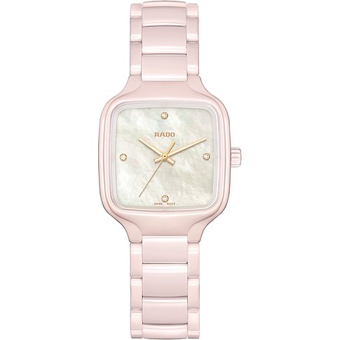 Rado Damenuhr aus rosafarbener Keramik mit eckigem Perlmuttzifferblatt, goldfarbenen Zeigern und Diamanten.