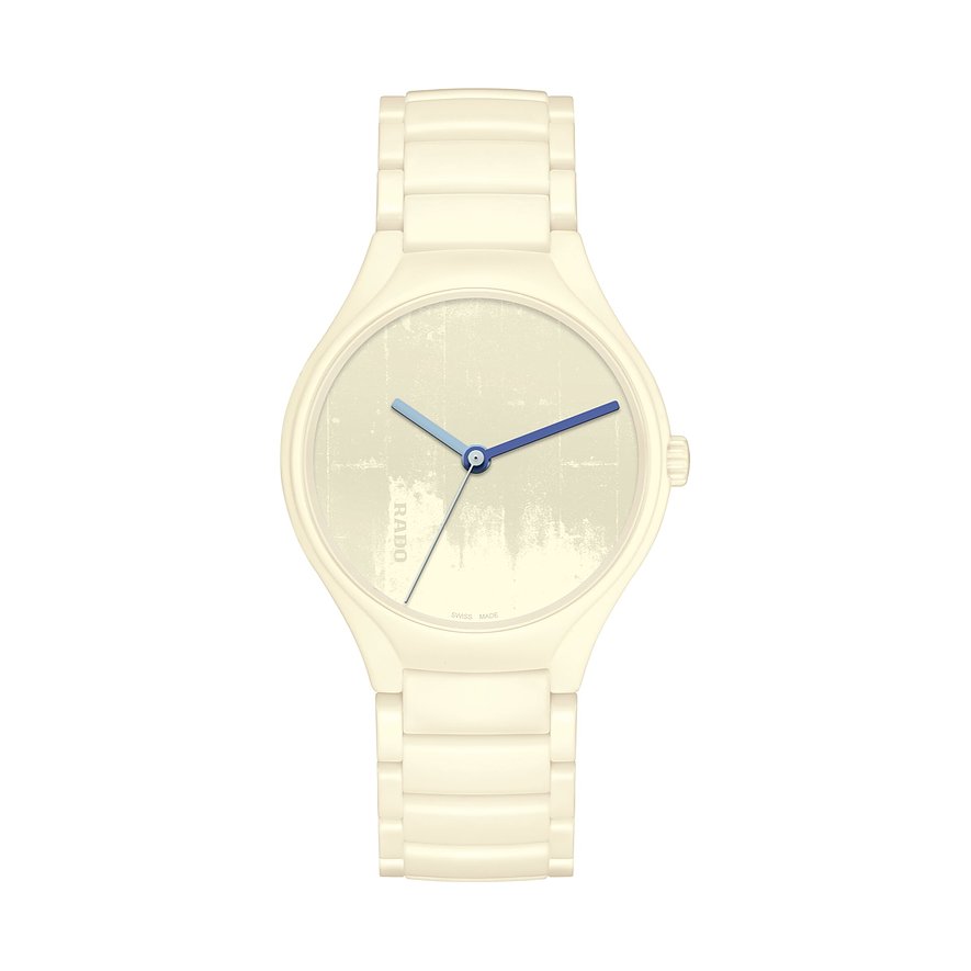 Rado Unisexuhr aus cremefarbener Keramik, mit langem blauen Minuten- und kürzerem hellblauen Stundenzeiger.