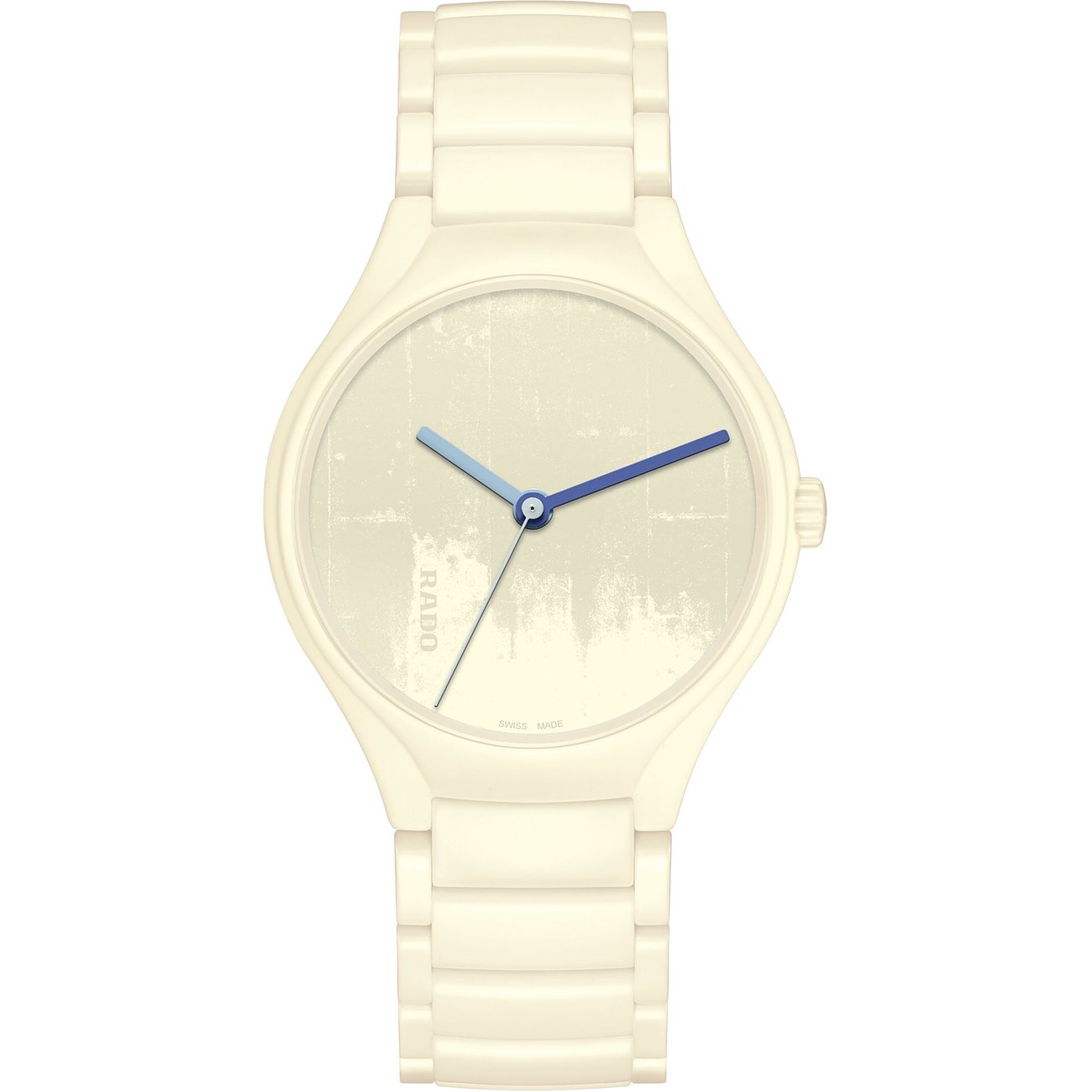 Rado Unisexuhr aus cremefarbener Keramik, mit langem blauen Minuten- und kürzerem hellblauen Stundenzeiger.