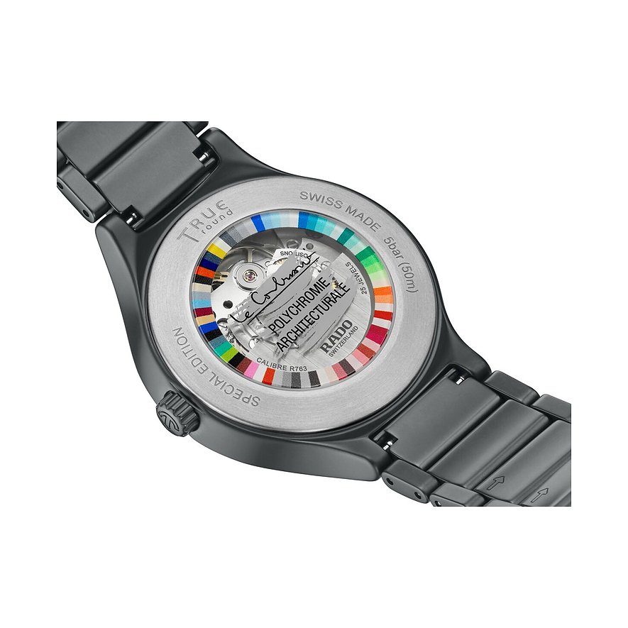 Rado True Round Polychromie Architecturale Unisexuhr aus Keramik mit transparentem Gehäuseboden.