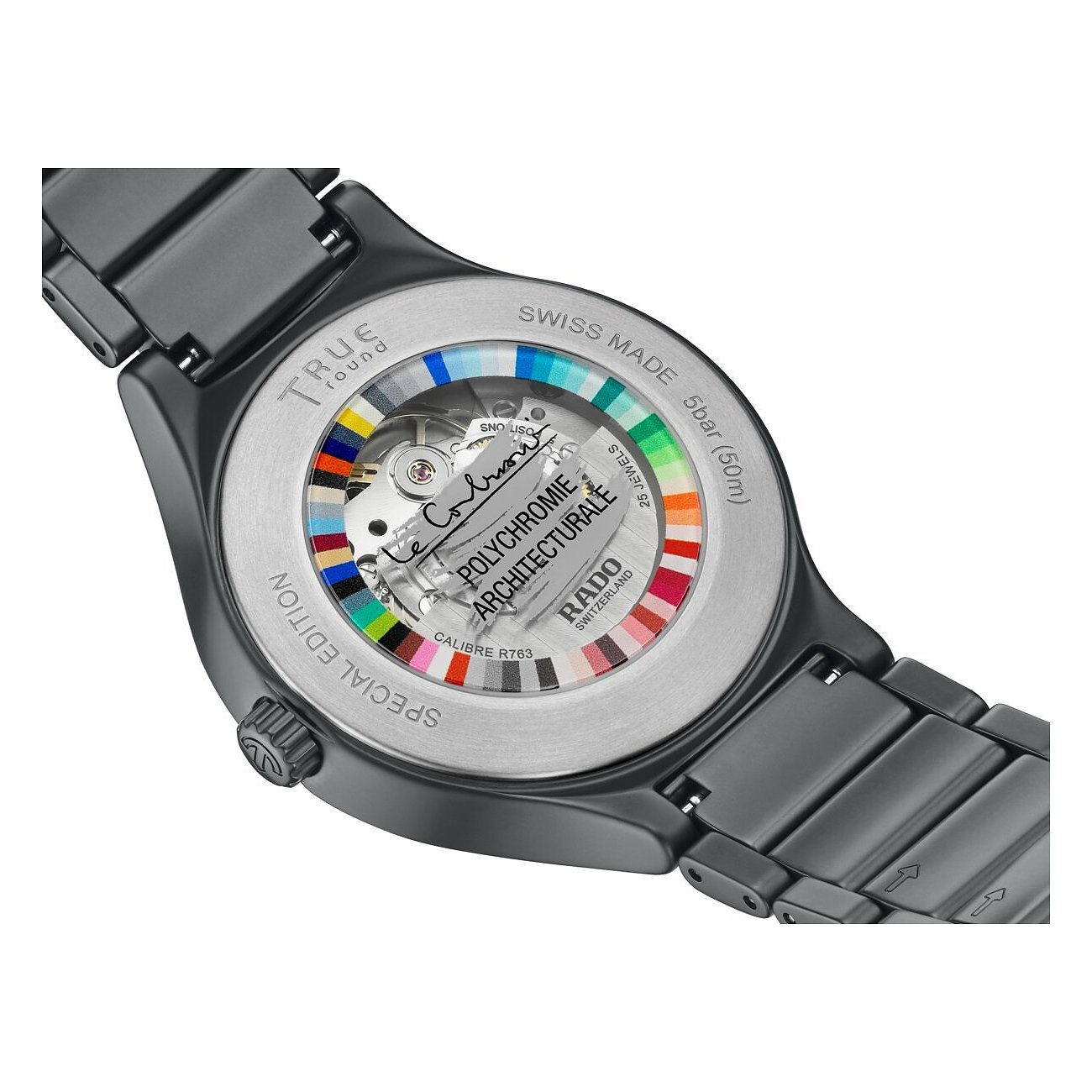 Rado True Round Polychromie Architecturale Unisexuhr aus Keramik mit transparentem Gehäuseboden.
