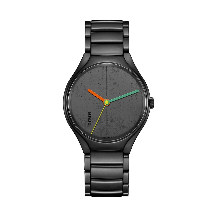 Rado Unisexuhr aus Keramik in Schwarz mit runder, anthrazitfarbener Quarzuhranzeige und bunten Zeigern.