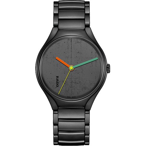 Rado Unisexuhr aus Keramik in Schwarz mit runder, anthrazitfarbener Quarzuhranzeige und bunten Zeigern.