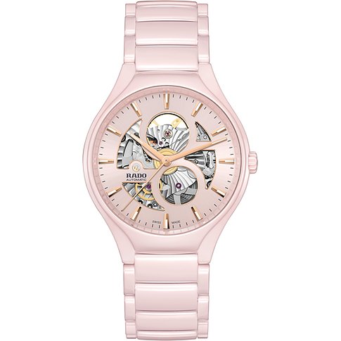 Rado Damenuhr aus rosafarbener Keramik, mit skelettiertem Zifferblatt und Automatikwerk.
