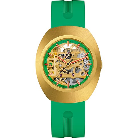 Rado Unisexuhr, vergoldet mit einem grünen Keramik Akzentarmband und Keramikgehäuse. Die Uhr hat ein sichtbares Uhrwerk.