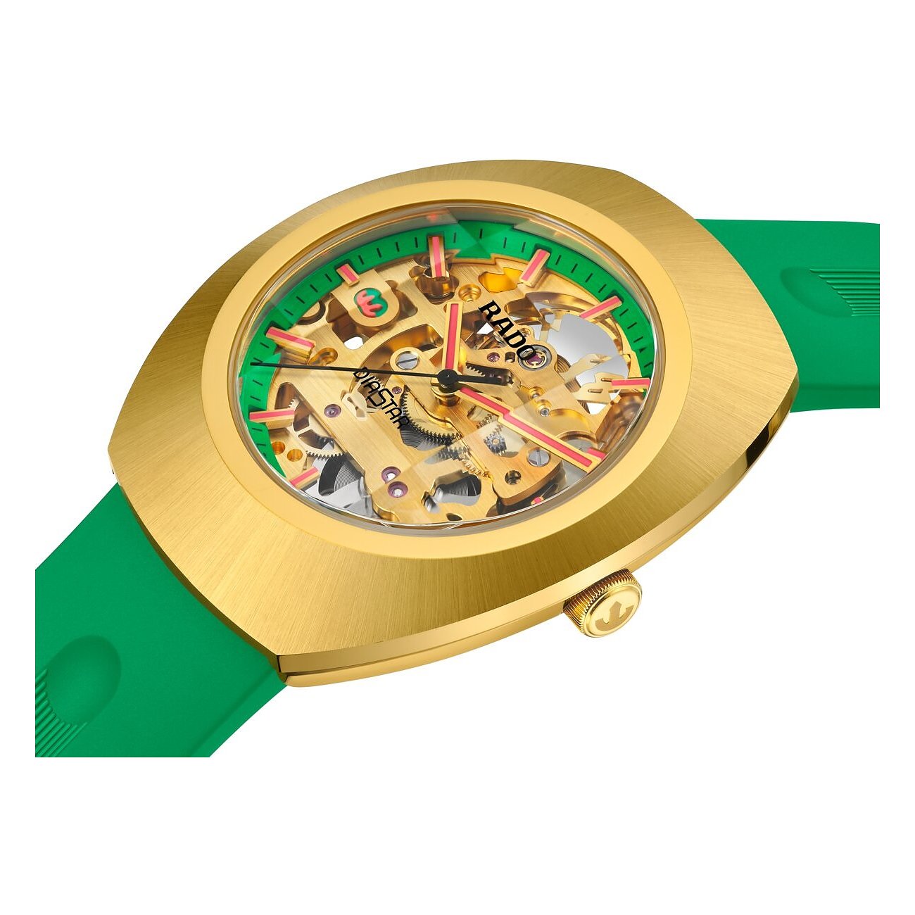 Rado Unisexuhr aus Keramik in Gold mit grünem Armband und sichtbarem Uhrwerk aus Vogelperspektive gesehen.