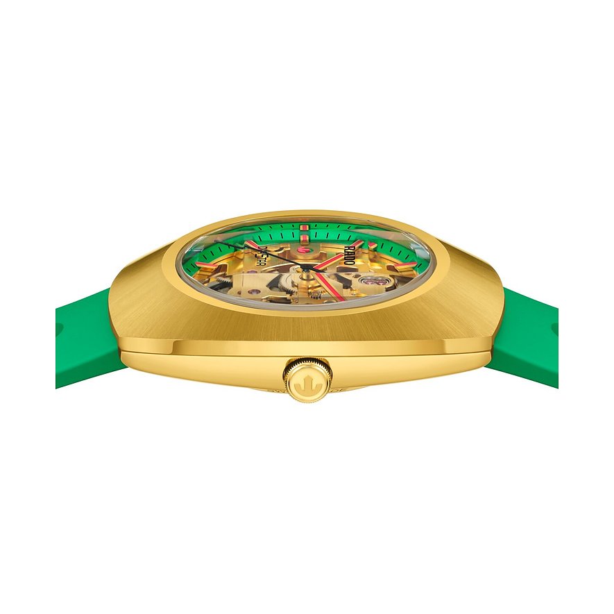 Rado Unisexuhr, goldfarbene Keramik, Seitenansicht, grünes Armband, transparentes Zifferblatt, goldfarbenes Uhrwerk.