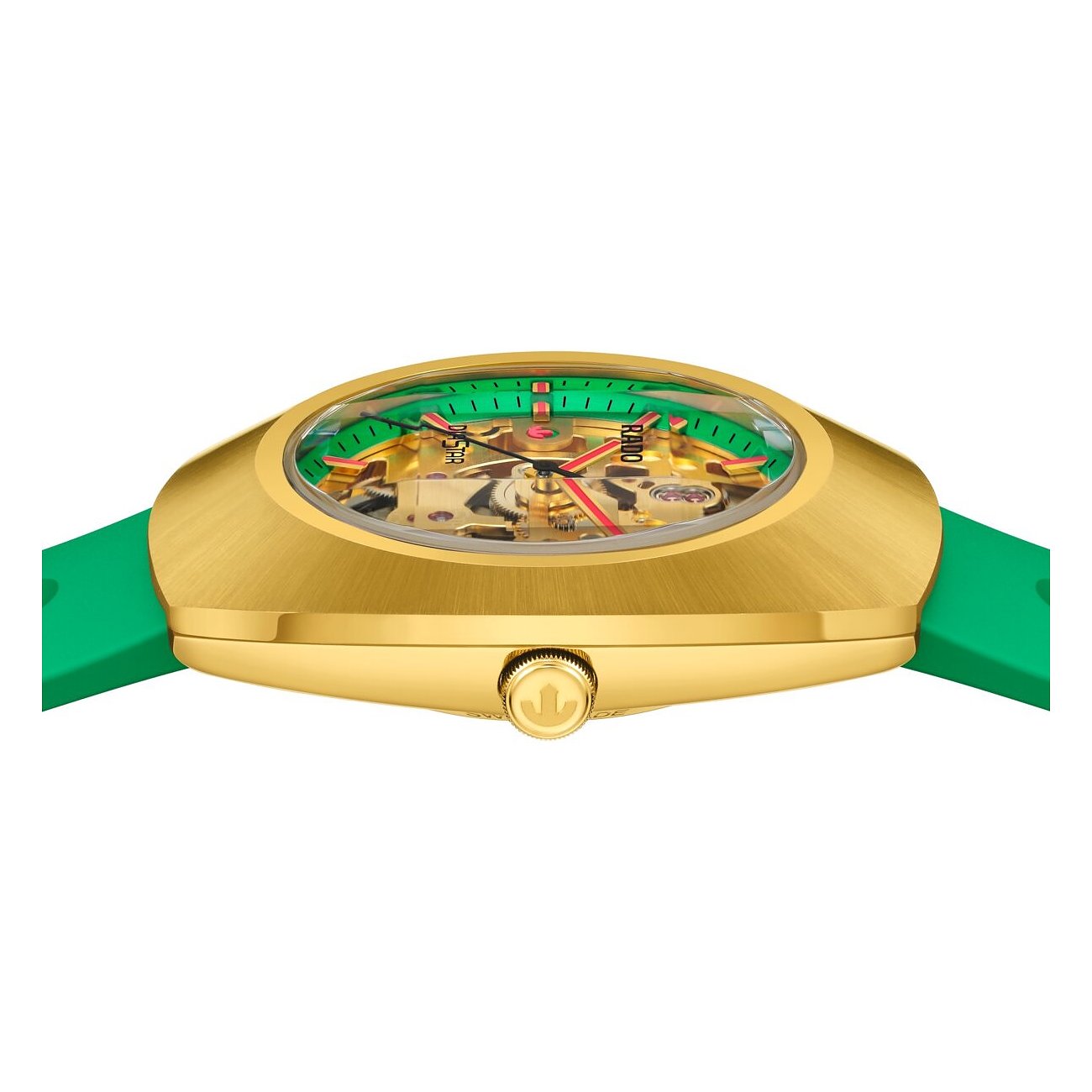 Rado Unisexuhr, goldfarbene Keramik, Seitenansicht, grünes Armband, transparentes Zifferblatt, goldfarbenes Uhrwerk.
