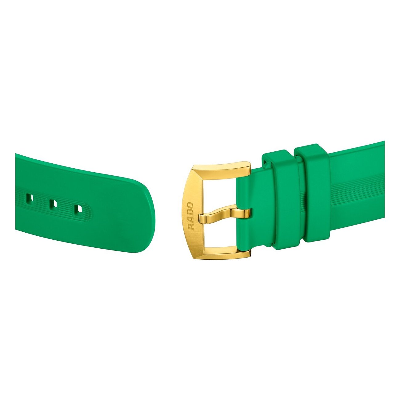 Nahaufnahme einer grünen Rado Unisexuhr aus Keramik mit einer goldenen Dornschließe mit Rado-Gravur.