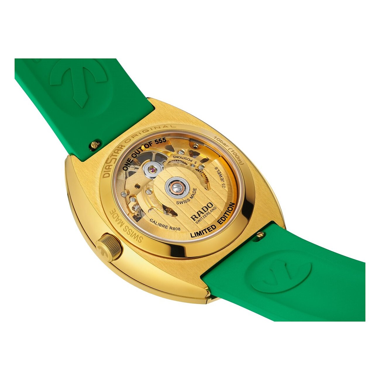 Rado Unisexuhr, Rückseite der goldenen Keramik-Uhr mit grünem Armband und sichtbarem Uhrwerk.