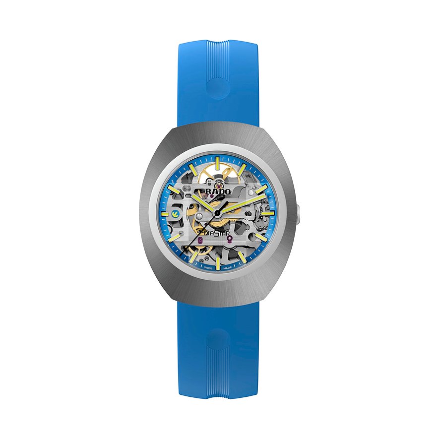 Rado Unisexuhr aus Keramik mit blauem Armband und durchsichtigem Zifferblatt, das das Uhrenwerk zeigt.