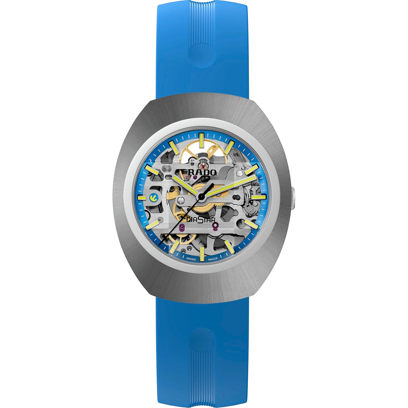 Rado Unisexuhr aus Keramik mit blauem Armband und durchsichtigem Zifferblatt, das das Uhrenwerk zeigt.