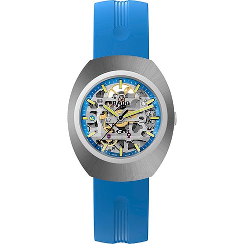 Rado Unisexuhr aus Keramik mit blauem Armband und durchsichtigem Zifferblatt, das das Uhrenwerk zeigt.