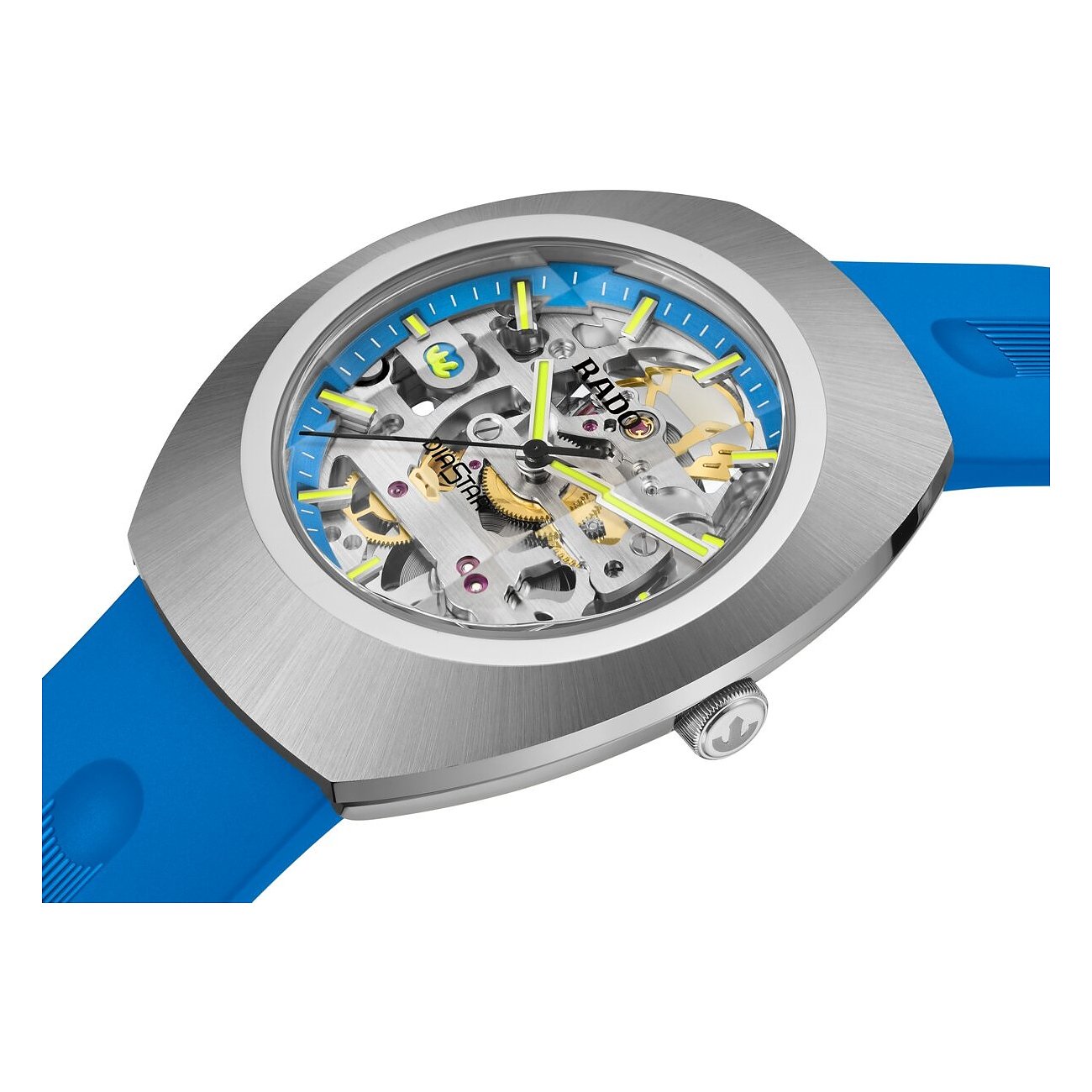 Nahaufnahme einer Rado Unisex-Uhr aus Keramik-Material mit sichtbarem Uhrwerk und blauem Armband.