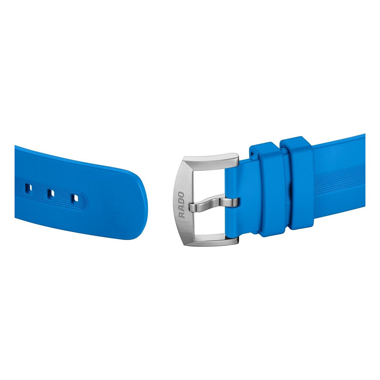 Verschluss einer Rado Unisexuhr aus Keramik: Silberschnalle in leuchtend blauem Band eingefasst.